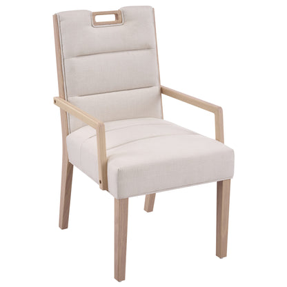 Upholstered Dining Chairs with Armrests, Beige Fabric & Natural Rubber Wood Frame, Set of 2