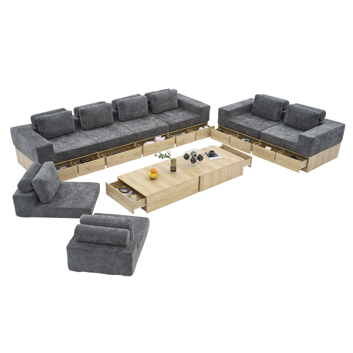 8-seat Modular Sectional Sofa with Storage Drawers, Multi-Functional L-Shaped Couch with Built-In Cabinet Base and Center Table Design, Convertible Combination Sofa Set, Modern Upholstered Sofa
