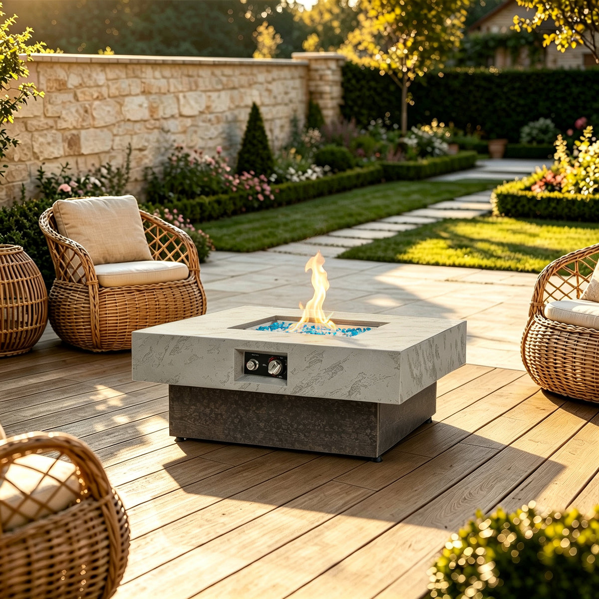 34‑Inch Square Propane Fire Pit Table, Modern 2‑in‑1 Outdoor Fire Pit Table with 3‑Position Adjustable Height for Patio Backyard Leisure