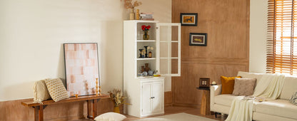 75.25'' Tall Freestanding Pantry Cabinet with Glass Door & Lattice Window, Farmhouse Display Cabinets with Storage, Hutch with Double-Action LH&RH Door, for Hallways, Livingroom Kitchen & Office,White