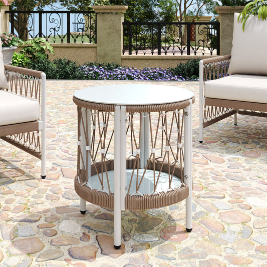 17.32' Bohemian Garden Accent Outdoor Side Table - Handwoven Rope with Powder-Coated Steel Frame, Glass Top, Small Patio End Table for Drinks, Plants