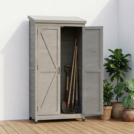 Outdoor Wooden Storage Shed with Metal Top Tall Vertical Tool Cabinet in Grey for Backyard Garden Patio Lawn - Solid Cedar Wood, 33.5'L x 18.5'W x 68'H