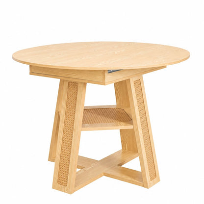 43.3'-59.05' Extendable Round Dining Table for 4-6, Round-to-Oval Kitchen Table with Removable Extension Leaf, Cross-Shaped Base and Storage Shelf, Natural