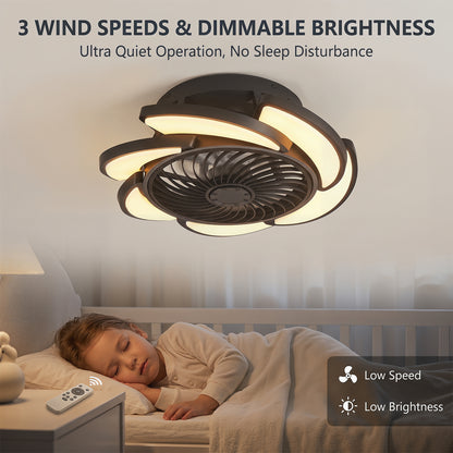 Black Bladeless Ceiling Fan with Remote Control, 6 Speeds Dimmable Light, Enclosed Low Profile for Bedroom Living Room, 17-Inch