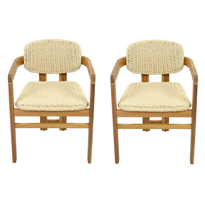 Outdoor Woven Rattan Chair Set Two Accent Chairs Stylish Armchairs for Patio Garden Teak Finish+Natural Rattan Acacia Wood Frame 2 Person Seating Group