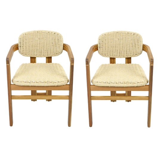Outdoor Woven Rattan Chair Set Two Accent Chairs Stylish Armchairs for Patio Garden Teak Finish+Natural Rattan Acacia Wood Frame 2 Person Seating Group