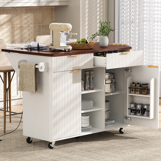 K&K 52" Fluted Kitchen Island with Drop Leaf, Power Outlet, Kitchen Storage Cart with Adjustable Shelves, 2 Doors and 2 Drawers