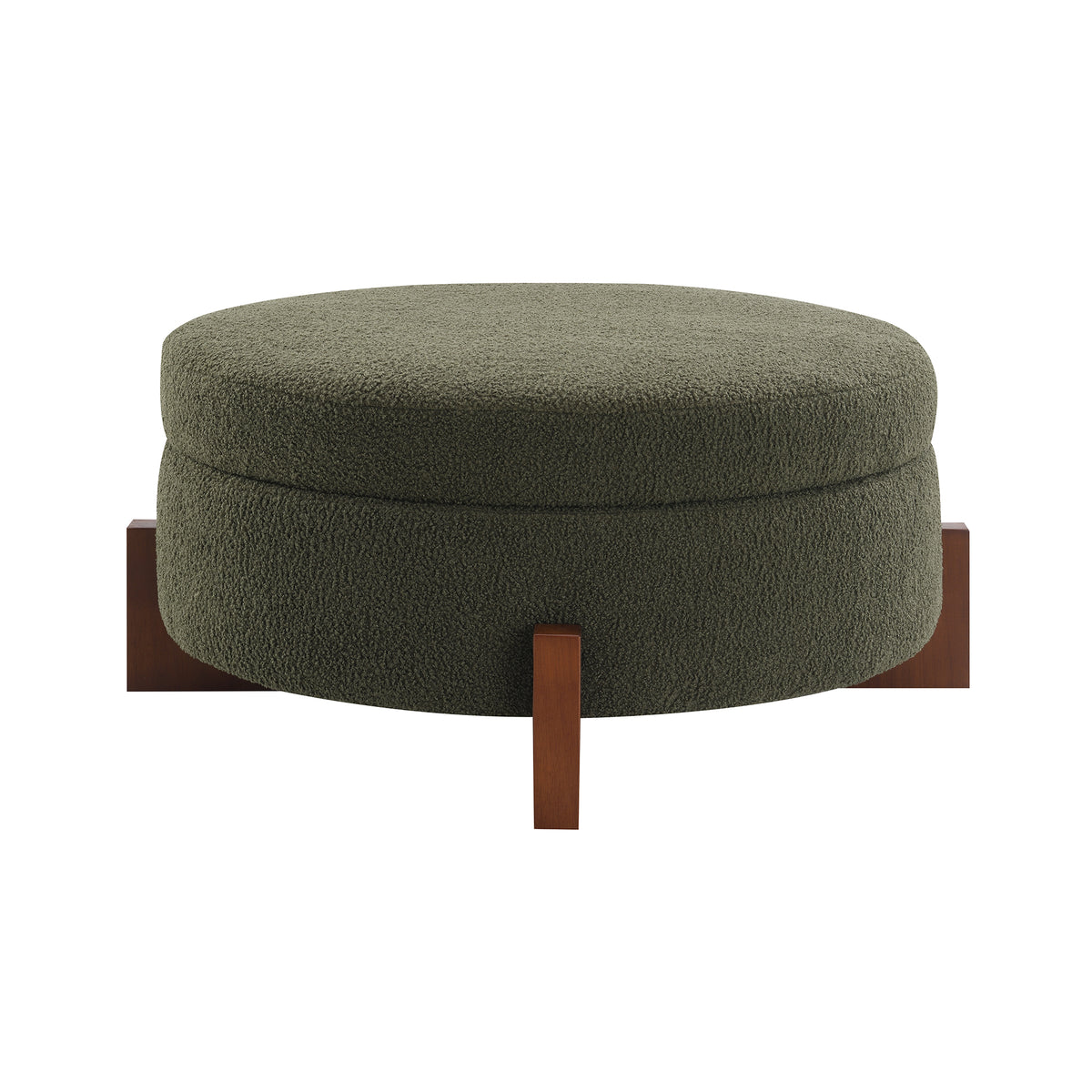 Modern Olive Green Round Storage Ottoman with Wooden Legs, Teddy Fabric Padded Seat, 33'' x 15'' Footrest Stool for Sofa, Bedroom, Living Room