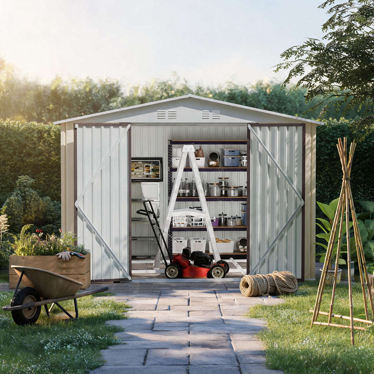 10x8 FT Metal Garden Shed with Metal Frame Hinge door design White Storage sheds Backyard Patio use
