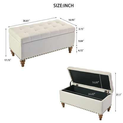 Ottoman storage bench, recessed support hinge top easy to open, rivet trim around, bedroom, entrance, living room, linen (Beige)