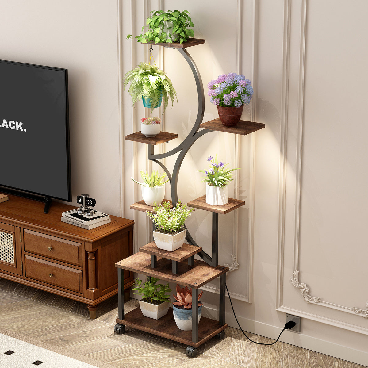 Plant Stand Indoor with Grow Lights - 62" Tall Plant Shelf, Lighted Corner Plant Stands for Indoor Growing, 8 Tiered Large Flower Holder - Walnut Color
