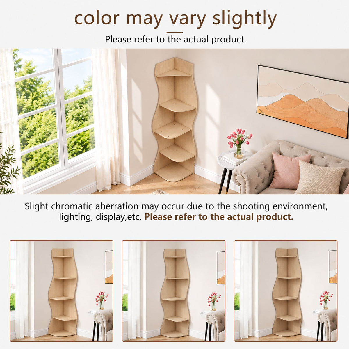 (Old Sku : W5156P534910)5-Tier Corner Shelf, Modern Wavy Corner Bookshelf, Tall Corner Storage Rack for Living Room, Bedroom, Kitchen, Home Office, Space-Saving Display Stand with Rounded Edges