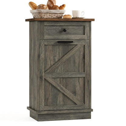 Tilt Out Trash Can Cabinet, 10-Gallon Farmhouse Hidden Garbage Cabinet with Drawer, Dog Proof Wooden Trash Storage Cabinet for Kitchen, Laundry, Living Room, Office