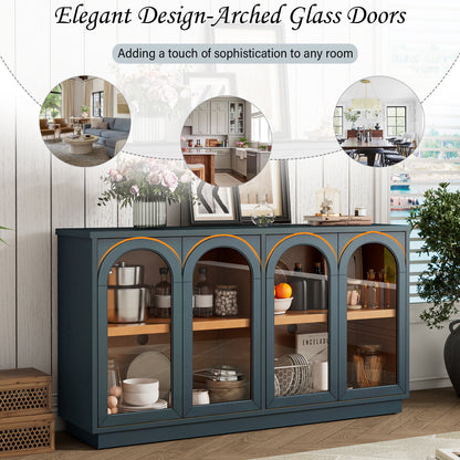 TREXM 4-Door Large Storage Buffet Cabinet with Glass Doors, Arched Cabinet with Adjustable Shelves - Navy