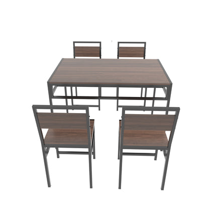 4-Piece Rectangular Dining Table Set with 4 Chairs, Industrial Wood Grain Kitchen Table with Built-in Wine Storage Rack, Space Saving Metal Frame Dinner Furniture for Apartment Kitchen Dining Room