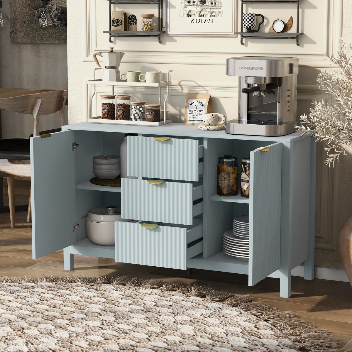 U_STYLE Sideboard with Wave Design - 3 Adjustable Shelves, 3 Drawers & Soft-Close Doors, Storage Console Table with Metal Handles, 3 Colors