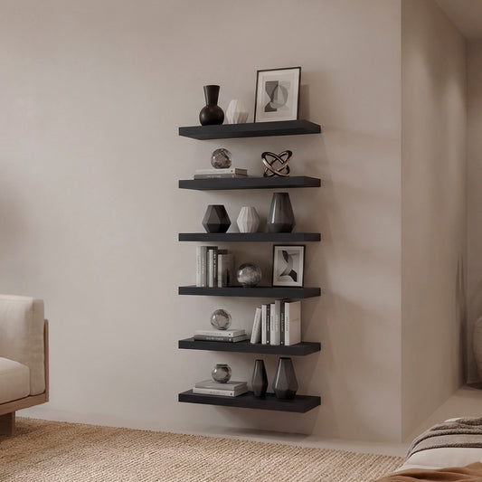 Phoenix 6-Piece Floating Wall Shelves Set, Wood Wall Mounted Display Shelves for Home Decor and Storage,Wenge