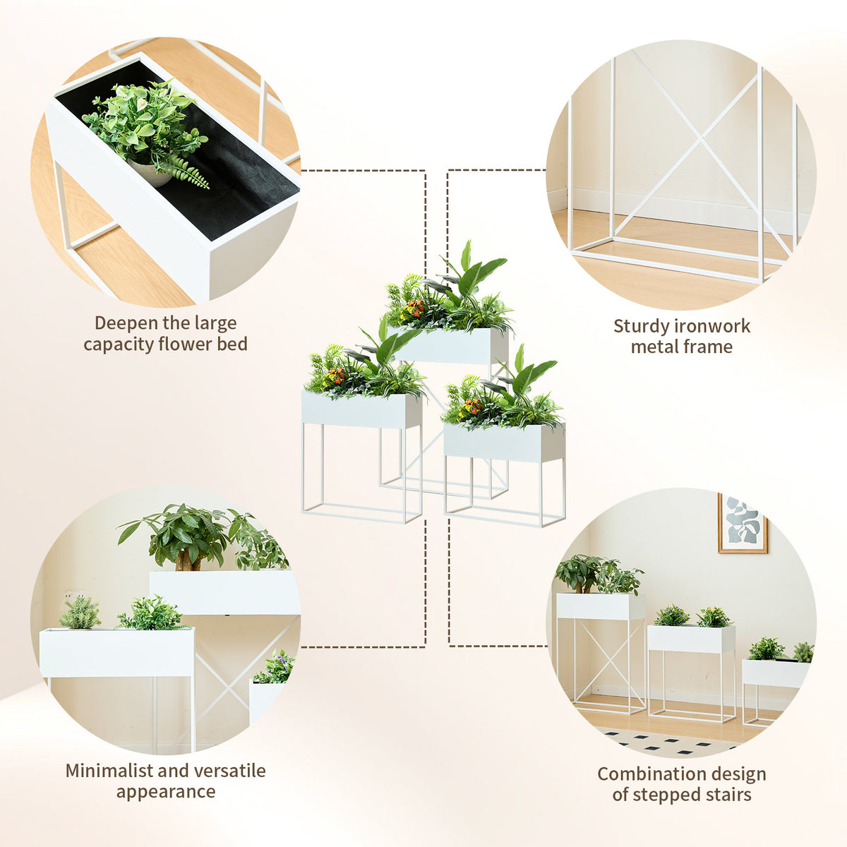 3‑Pack Pre‑Assembled Metal Raised Garden Bed Planter Stand with Non‑Woven Liner, UV‑Resistant Coated Elevated Flower Herb Planter Box, Rectangular Plant Holder for Patio Balcony Backyard Indoor Outdoo