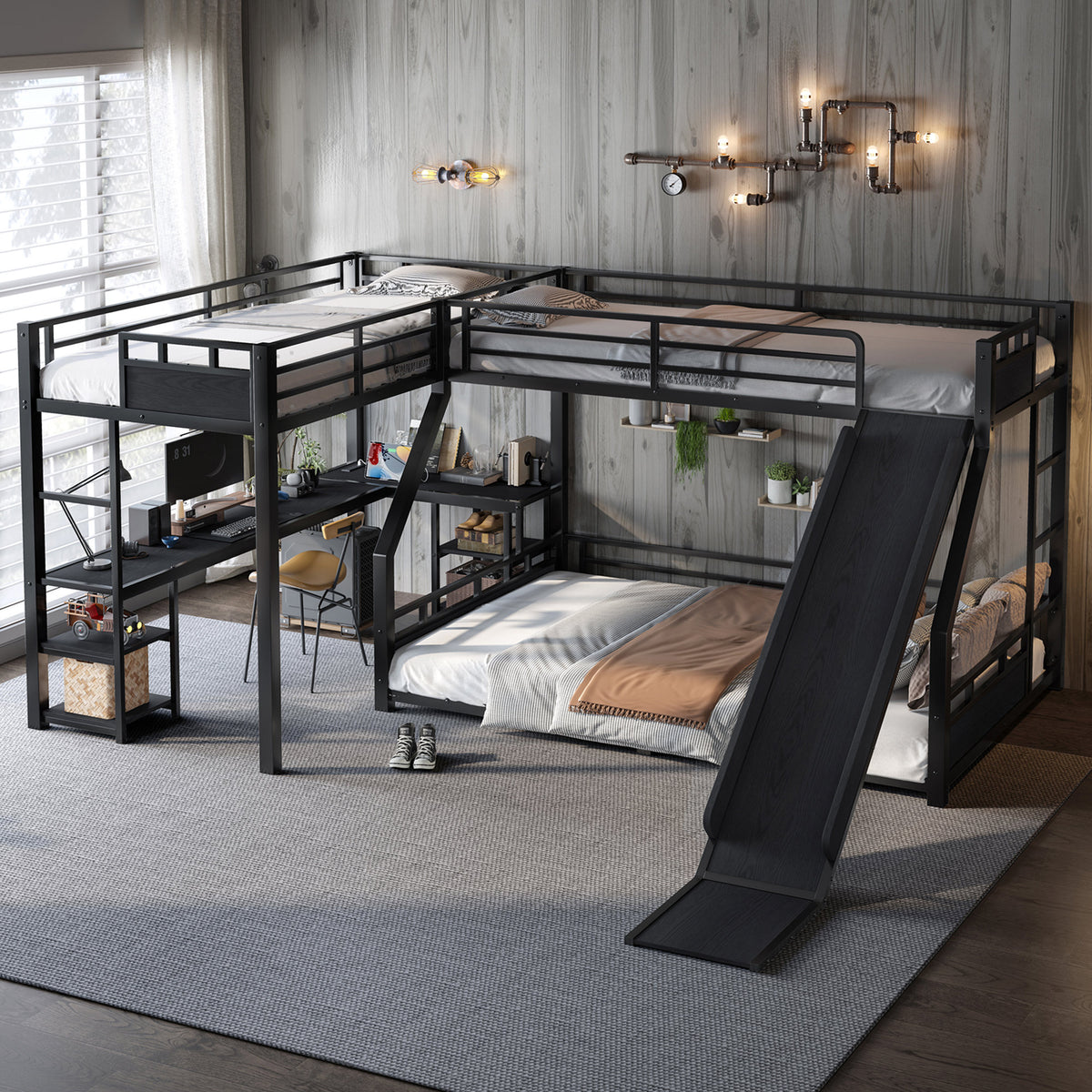L-Shaped Metal Bunk Bed (Top bed: twin xl, bottom bed: queen) with Single Loft Bed, Desk, and Storage Shelves, USB Charging Port Included - Metal Triple Bunk Bed with Slide,B
