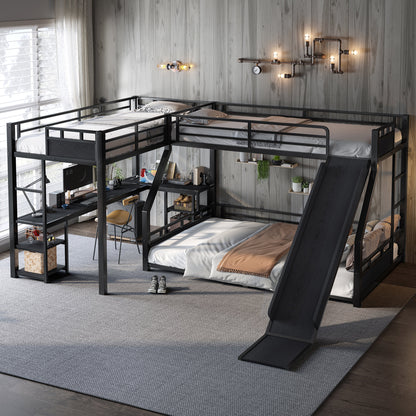 L-Shaped Metal Bunk Bed (Top bed: twin xl, bottom bed: queen) with Single Loft Bed, Desk, and Storage Shelves, USB Charging Port Included - Metal Triple Bunk Bed with Slide,B