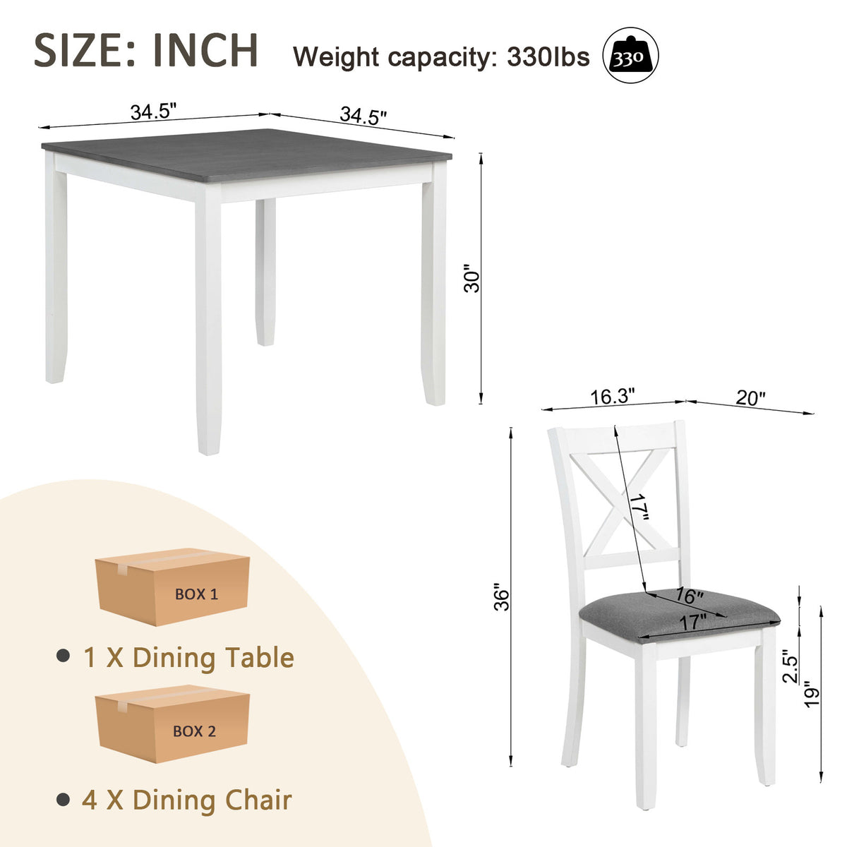 Modern 5-Piece Dining Table Set with 4 Chairs for Kitchen or Dining Room - Grey & White Two-Tone