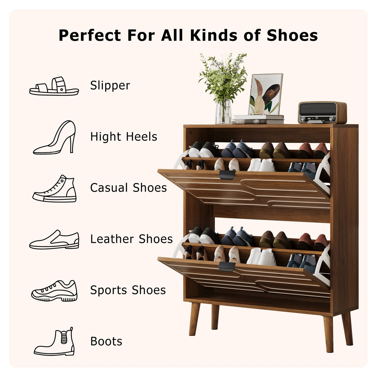Medieval Modern Independent Shoe Cabinet with 2 Flip Drawers, Walnut MDF, 31.5-inch