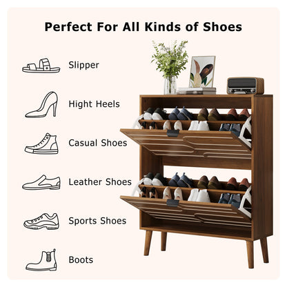 Medieval Modern Independent Shoe Cabinet with 2 Flip Drawers, Walnut MDF, 31.5-inch