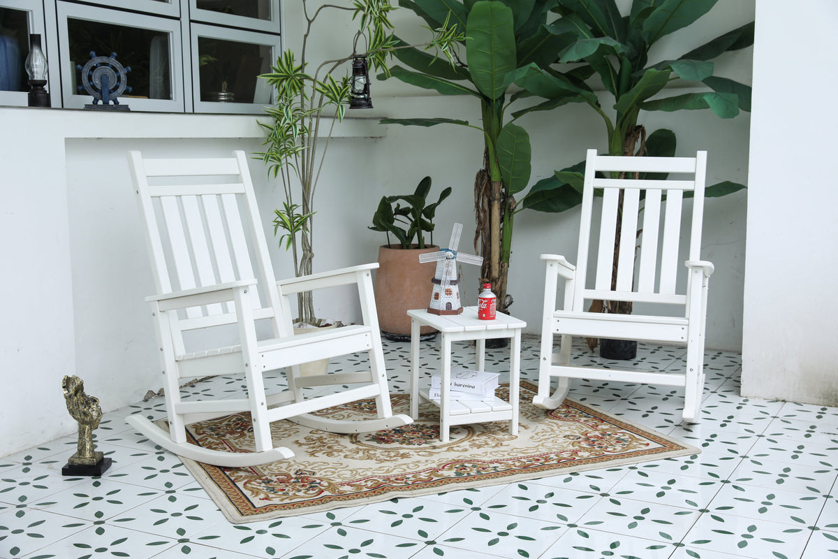 All Weather Rocking Chair Set with Side Table, 3-Piece Rocking Chair Set with Wood-Texture, White(includes 2 Rocking Chairs and 1 Table)
