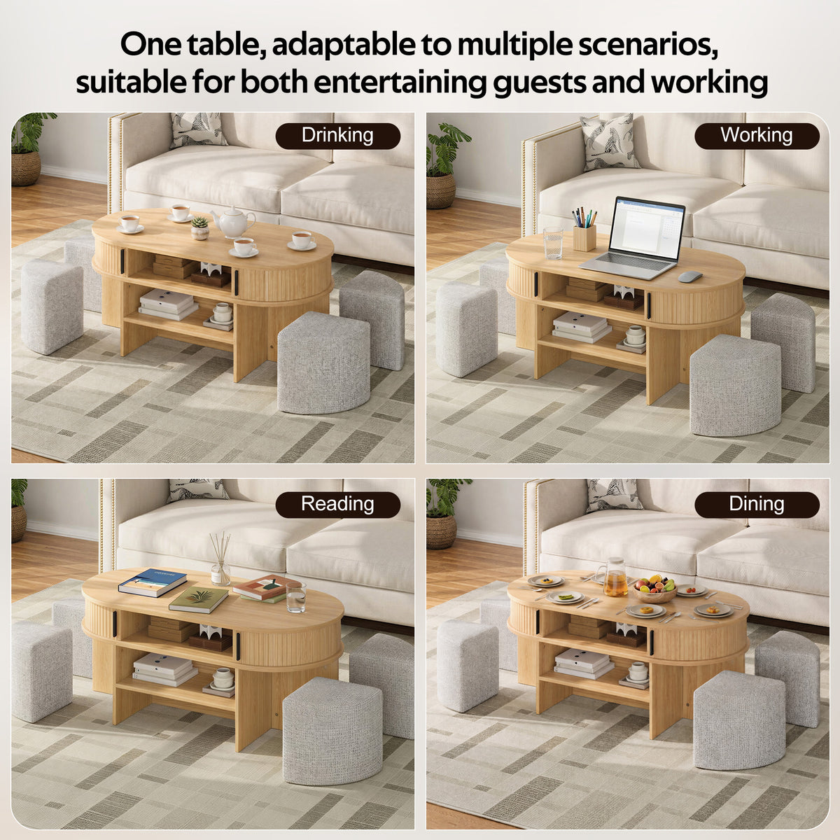 U-Can Multi-Functional Oval Coffee Table with Storage & 4 Fabric Stools