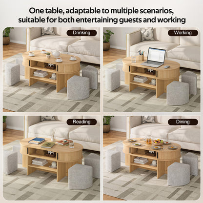 U-Can Multi-Functional Oval Coffee Table with Storage & 4 Fabric Stools