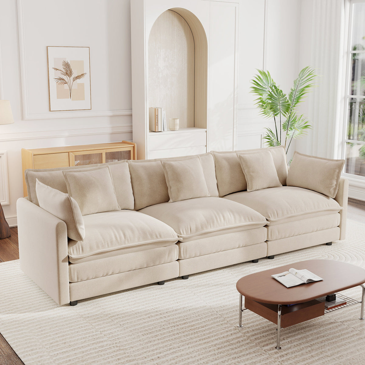 Mid-Century Modern Couch 3-Seater Sofa with 2 Armrest Pillows and 3 Toss Pillows, Couch for Living Room Light Coffee Chenille