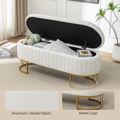 Storage Bench Bedroom Bench, Velvet Oval Upholstered End of Bed Bench with Golden Metal Legs, Modern Storage Ottoman Bench for Bedroom, Living Room, Entryway,Window,Ivory