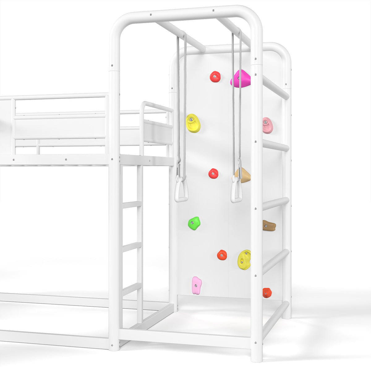 Twin size metal loft/bunk bed with basketball hoop, pull-up rings, climbing wall, and built-in bookshelves. Playful children's design featuring a slide,White.