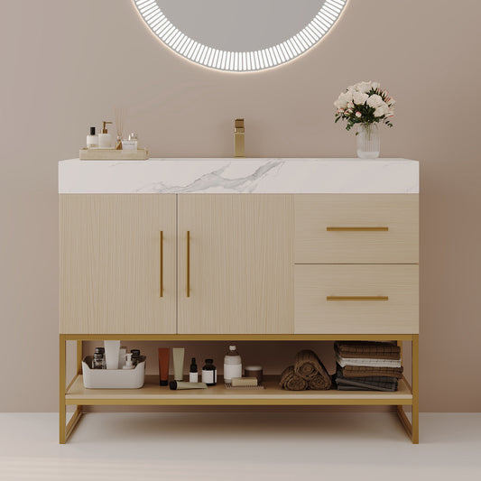 36' Modern Free-Standing Bathroom Vanity with Seamless Ceramic Sink & Sintered Stone Top