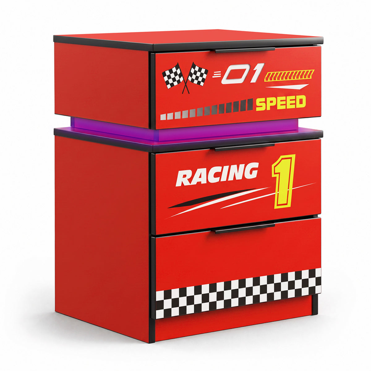 Kids Racing Car 3-Drawer Nightstand with Smart RGB LED Light, App/Remote/Music Sync Bedside Storage Cabinet, Fully KD