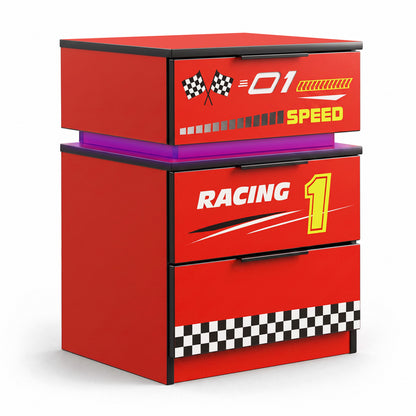 Kids Racing Car 3-Drawer Nightstand with Smart RGB LED Light, App/Remote/Music Sync Bedside Storage Cabinet, Fully KD