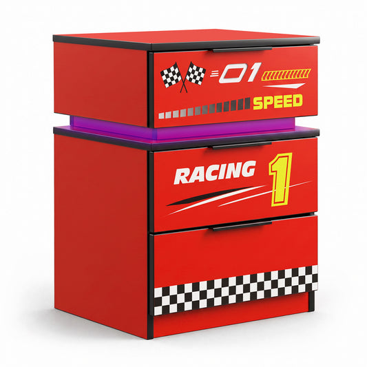 Kids Racing Car 3-Drawer Nightstand with Smart RGB LED Light, App/Remote/Music Sync Bedside Storage Cabinet, Fully KD