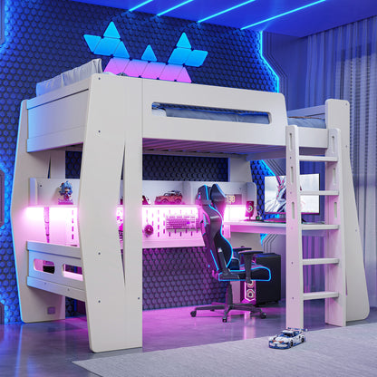Twin/Full Size Gaming Loft Bed, All-in-One Gaming Bed with Desk, Gaming Bed with Storage, Gaming Loft Bed with Led Light, Esports Style Loft Bed Frame for Teens, Space Saving Loft bed.Beige