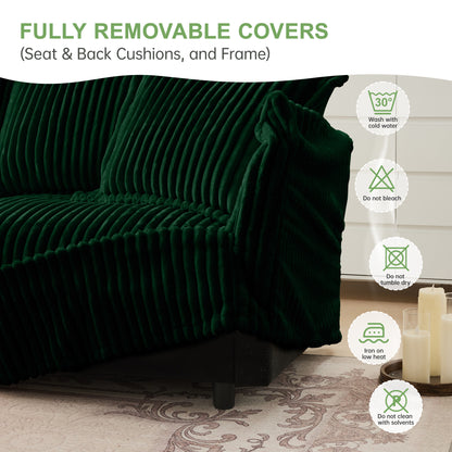 L-Shaped Slipcovered Sectional Sofa Couch, Comfy Deep Seat Cloud Couch with Convertible Ottoman & 2 Big Pillows, Modern Oversized 3 Seater Slipcovered Sofa Set for Living Room Office, Green Corduroy
