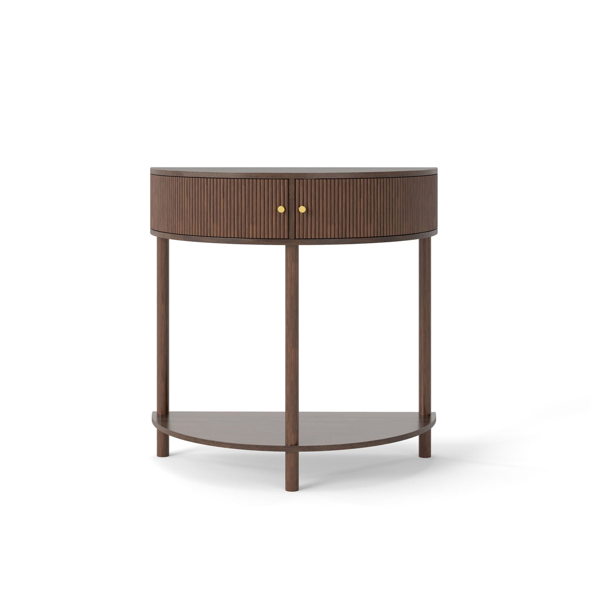 Artisan-Crafted Wave-Pattern Demi-Lune Console Table with Brown Woodgrain,Unique Half Moon Design End Table with 2 Storage Drawers and Bottom Shelf for Living room, Bedroom, Study, Hallway