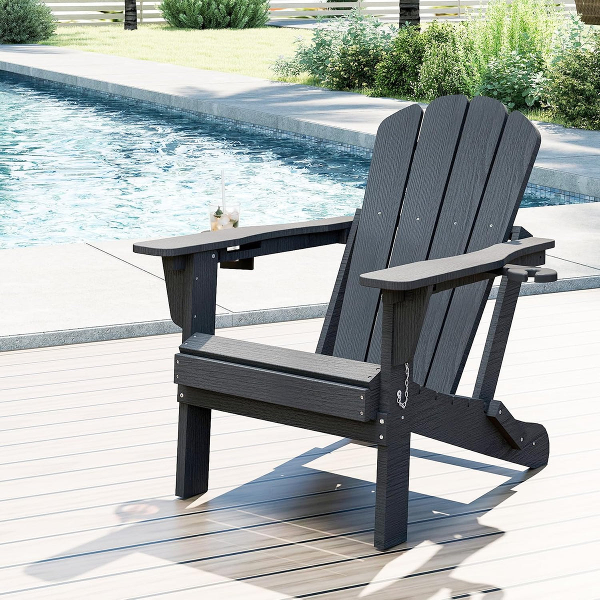 Adjustable HDPE Adirondack Chair, Grey, 3-Position Reclining ,Foldable, Cup & Phone Holders, All-Weather Outdoor