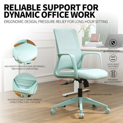 Executive Office Ergonomic Mesh Chair 350LBS, Office Seating, Mesh Fabric, Comfortable Sitting, Integrated Armrest, Lifting, Swivel Net Chair (Cyan)