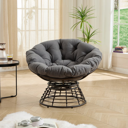 Comfortable Ergonomic Wicker Papasan Chair, 360° Swivel Indoor Outdoor Rattan Chair with Soft Thick Cushion, Ideal for Living Room, Bedroom, Reading Room, Brown Frame with Grey Cushion