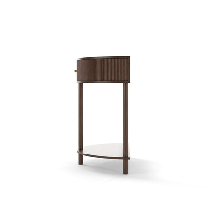Artisan-Crafted Wave-Pattern Demi-Lune Console Table with Brown Woodgrain,Unique Half Moon Design End Table with 2 Storage Drawers and Bottom Shelf for Living room, Bedroom, Study, Hallway