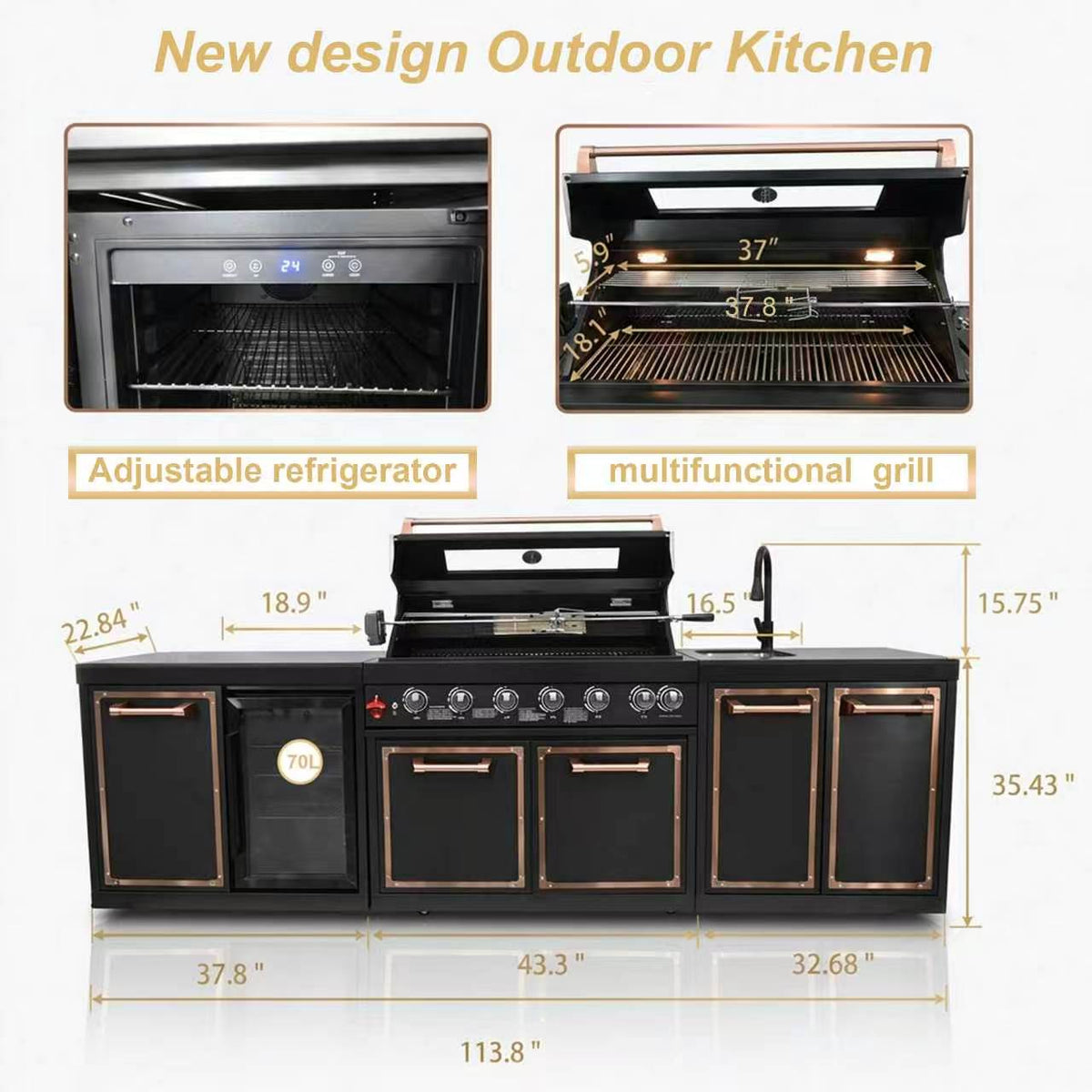 Luxury Black Titanium Outdoor Kitchen Island, 6-Burner 87,900 BTU Gas Grill with Infrared Rear Burner, 70L Refrigerator, Sink, Pull-Out Trash Bin, Rotisserie & Cover, Black/Rose Gold