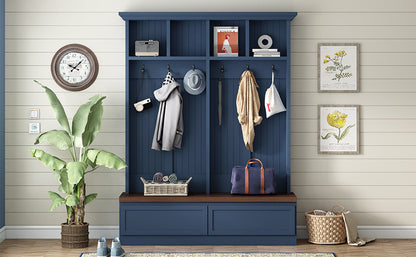 Farmhouse 4-in-1 Hall Tree with Wood Grain Bench, Mudroom Versatile Coat Rack with 2 Large Drawer, Entrance Organizer, Blue, 55.9" W