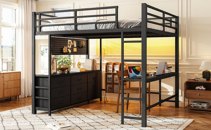 Queen Size Loft Bed with Desk, Loft Bed with Drawers, Loft Bed with Led Light and USB, Sturdy Loft bed Frame, Loft Bed with Mirror, Multi-Functional High Loft Bed for Teens Adults.Black