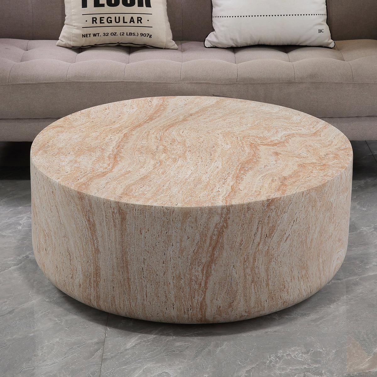 Round Cylinder Coffee Table, MgO Faux Travertine Low Profile Accent Coffee Table, Indoor & Outdoor Decorative Center Table for Living Room Patio, Dia 31.89" x H 12.01"