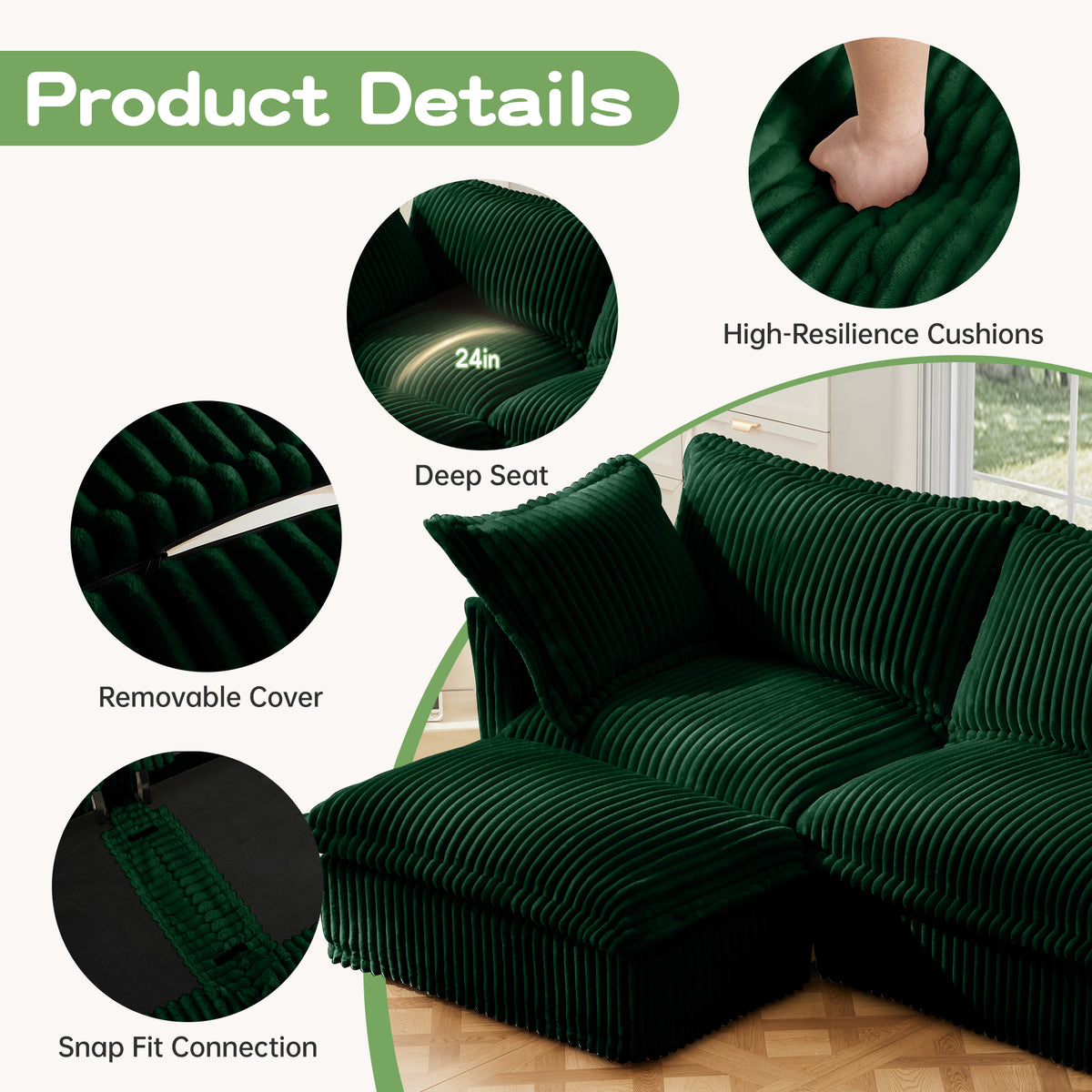 L-Shaped Slipcovered Sectional Sofa Couch, Comfy Deep Seat Cloud Couch with Convertible Ottoman & 2 Big Pillows, Modern Oversized 3 Seater Slipcovered Sofa Set for Living Room Office, Green Corduroy