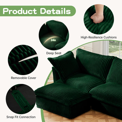 L-Shaped Slipcovered Sectional Sofa Couch, Comfy Deep Seat Cloud Couch with Convertible Ottoman & 2 Big Pillows, Modern Oversized 3 Seater Slipcovered Sofa Set for Living Room Office, Green Corduroy